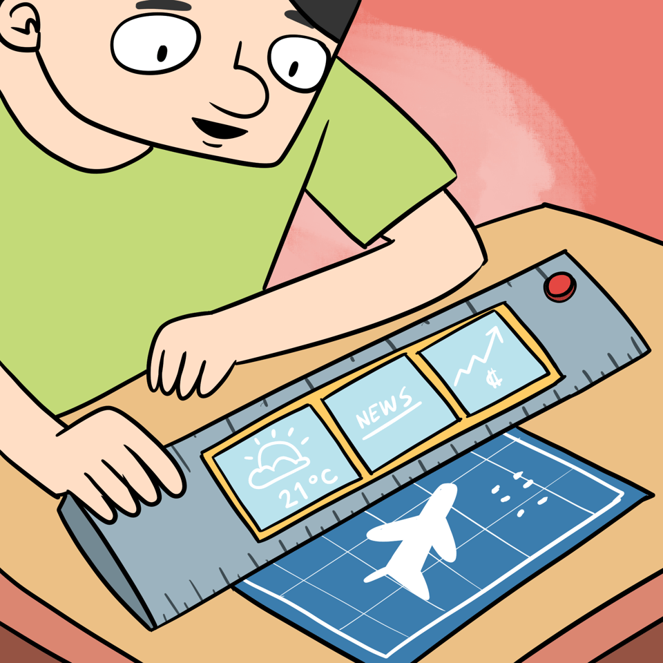 A man is holding a ruler with inbuilt 3 screens showing the latest news while he is measuring something.