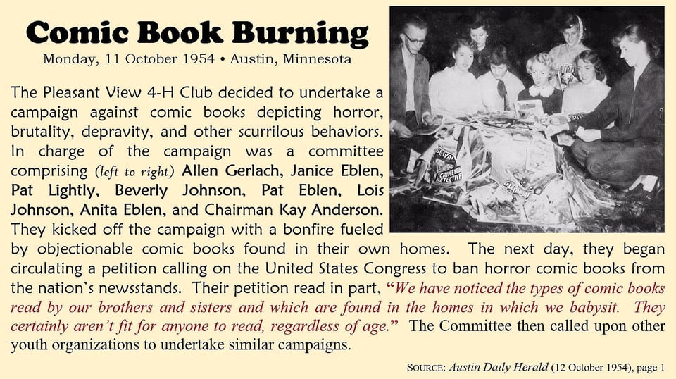 Image of a story about the Pleasant View 4H club in Austin, Minnesota, burning comic books.
