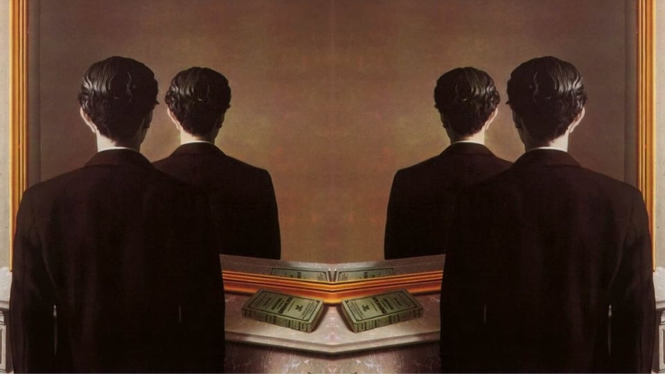 Two copies, mirrored, of a painting in which a man stands in front of a mirror. While the book on the mantle is reflected normally, the man has his back turned in both reality and the reflection.