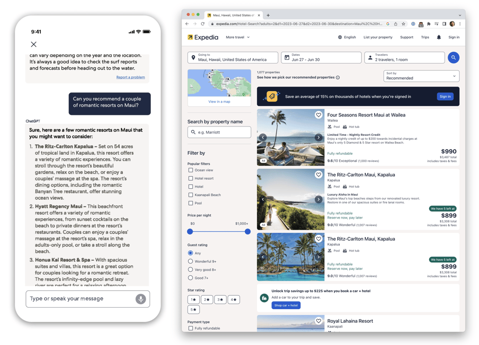 An Expedia ChatGPT plugin screenshot next to a screenshot of Expedia