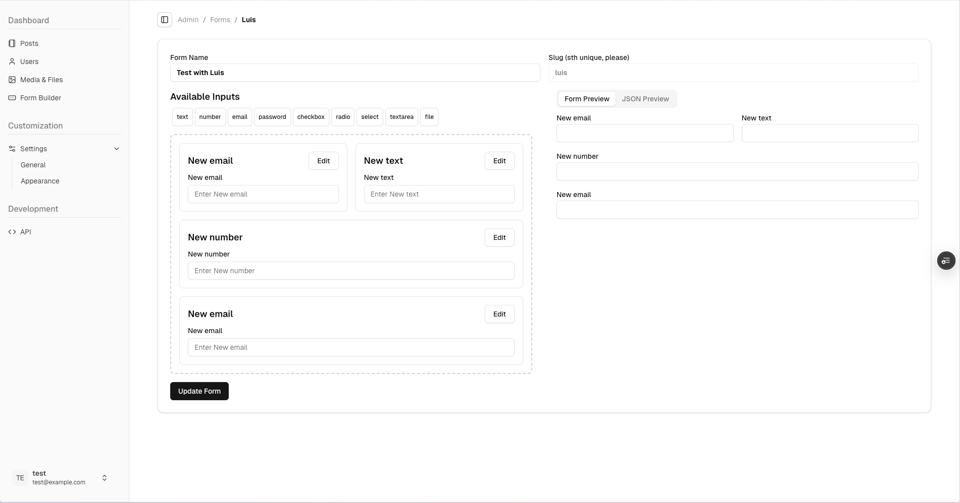 Admin view of a form builder to create custom form elements and export them through the API