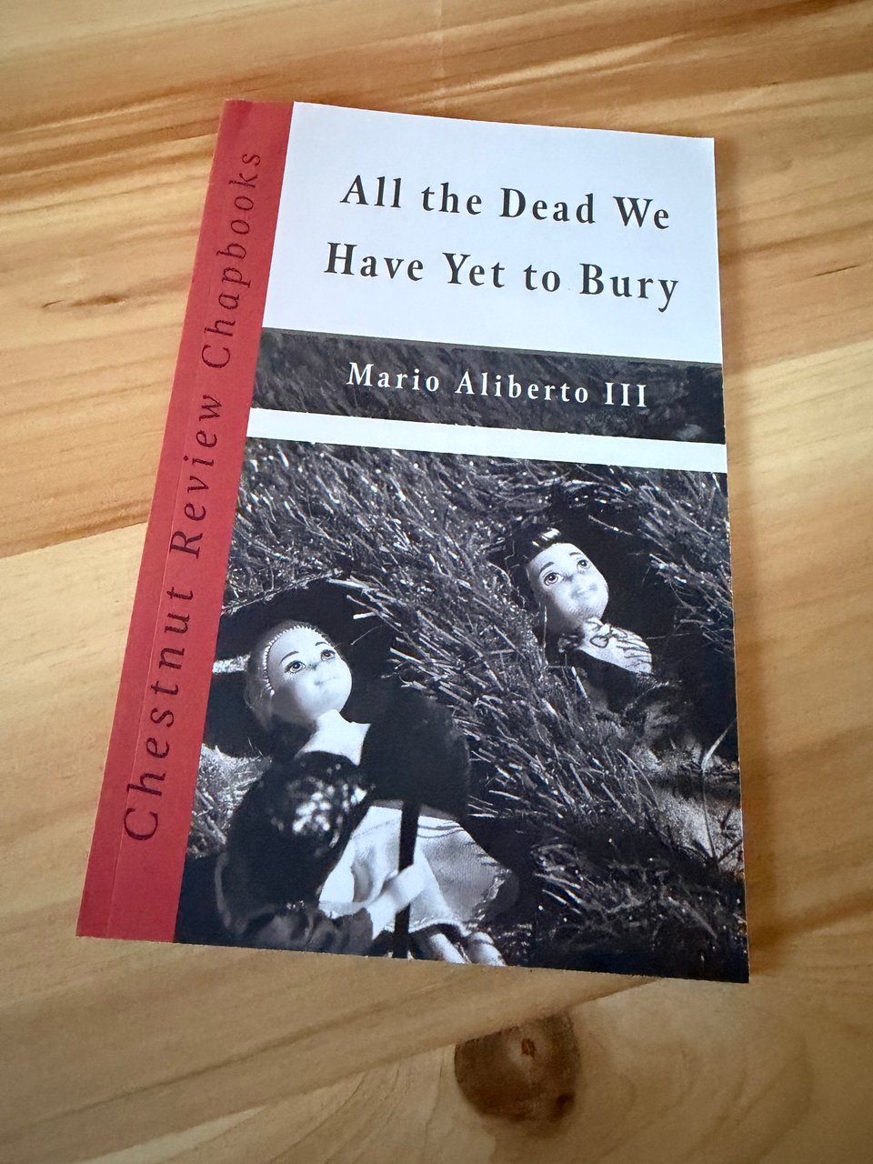 Picture of a paperback copy of “All the Dead We Have Yet to Bury” by Mario Aliberto III sitting on a wooden table.