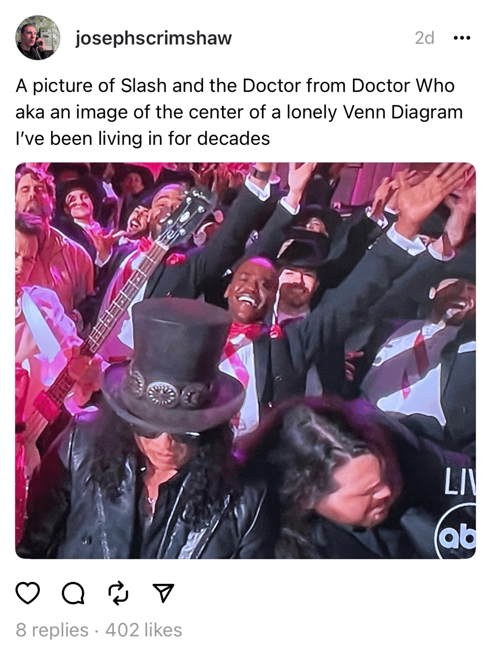 A social media post with a clip from the Oscars featuring Slash and Ncuti Gatwa