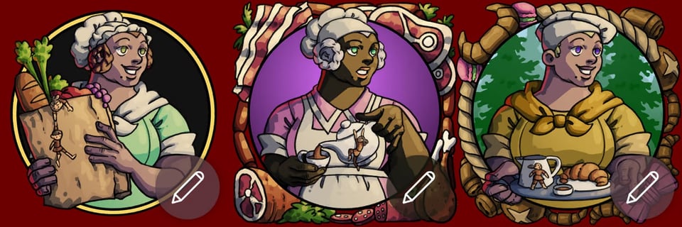 Three flat illustrations of women in similar poses; one holds a bag of groceries, from which two tiny people dangle; one is pouring tea, with a tiny man hiding behind the teapot; one is serving a croissant and a tiny man hides behind the creamer.