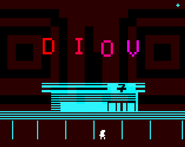 DIOV title, underneath it is a bitsy 7eleven with a character sprite. in the background there are 2 giant eyes barely visible