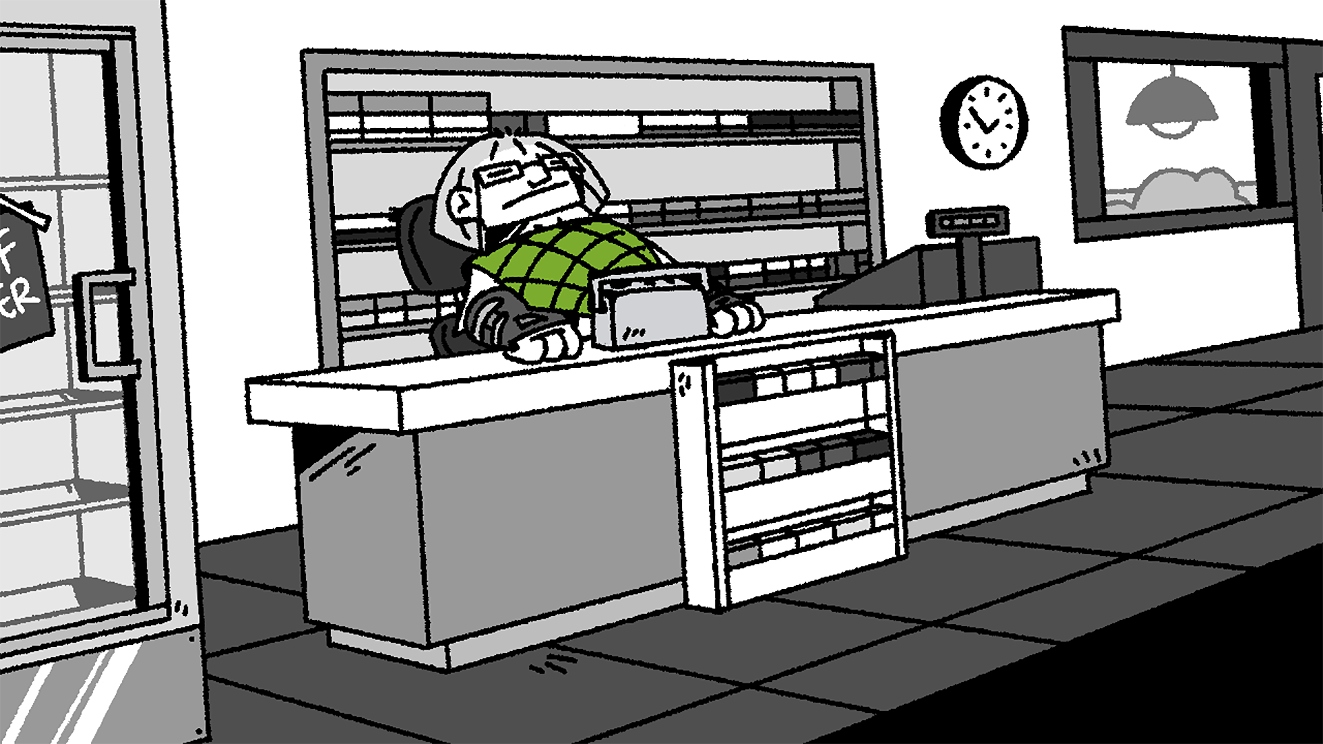 A computer wallpaper from the game PATIENCE IS A VIRTUE. The game's protagonist, Louis, sits sleepily behind the counter of an empty gas station.