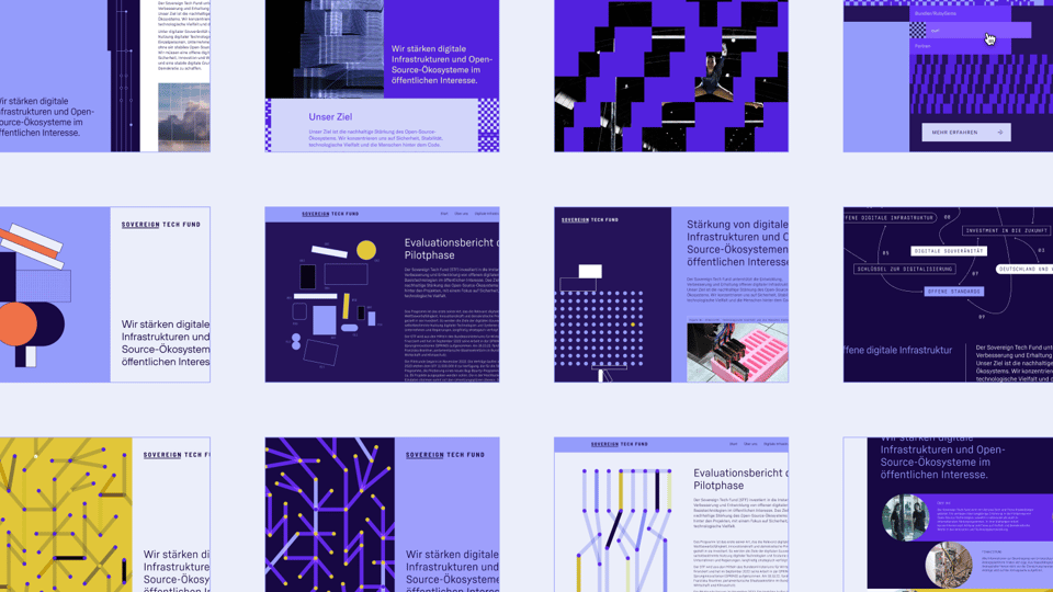 A collage of different design routes for the new STF branding, showing little style tiles of interface elements