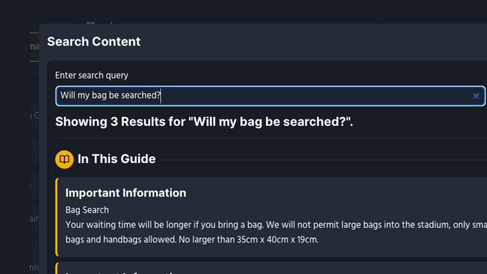 Screenshot of the new search interface showing the query "Will my bag be searched?" with 3 results matching that query.