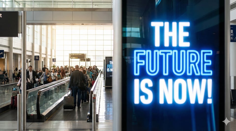 16:9 photorealistic airport concourse. Foreground: a huge glowing poster saying “THE FUTURE IS NOW!” but out of focus. Background: a moving walkway leading toward bright natural light. Camera focuses on the walkway, not the poster.