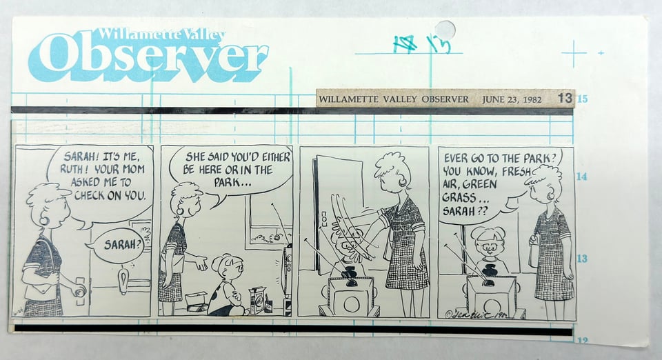 An installment of the comic strip Patience and Sarah shown laid out on a Willamette Valley Observer newspaper page with non-reproduction blue background printing behind the cartoon.