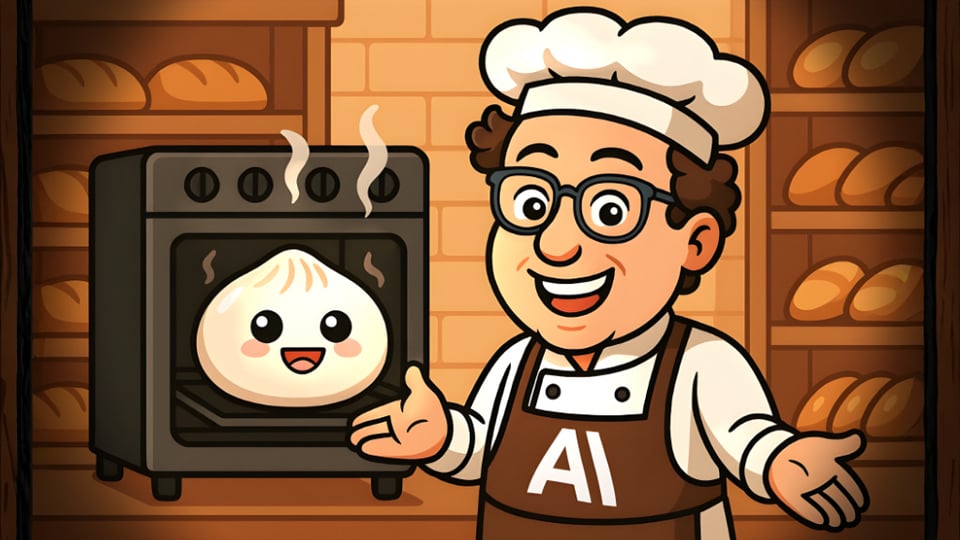 Cartoon bakery scene: a smiling baker in a chef hat gestures toward a steaming oven where a cute bun “mascot” is baking, with bread shelves in the background — a playful visual metaphor referencing Anthropic’s acquisition of Bun