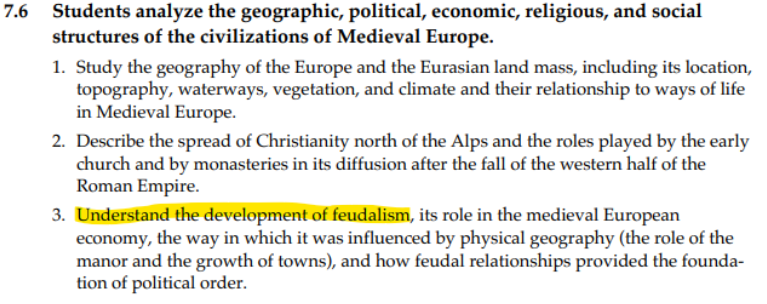 Highlighted standards: understand the development of feudalism, its role in the economy, and the way it was influenced by geography
