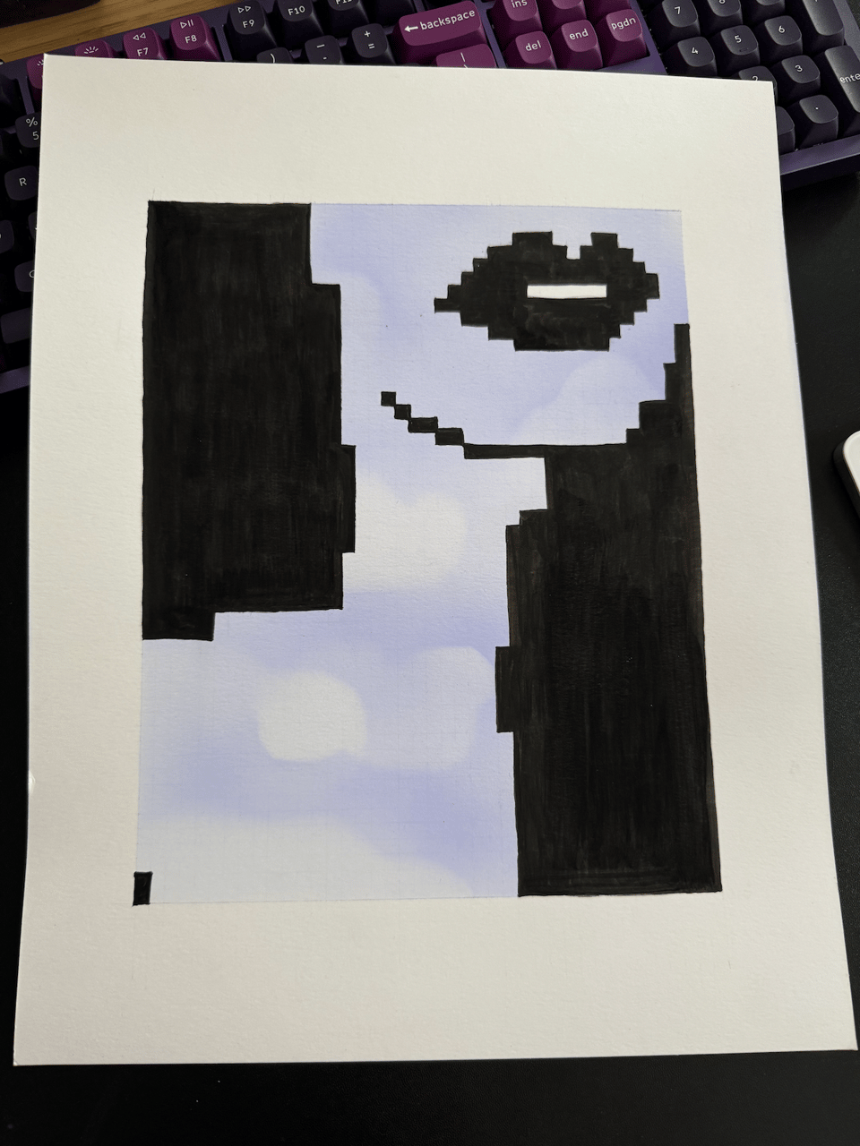 a pixelated drawing of a face and the skin is airbrushed to look like a blue cloudy sky