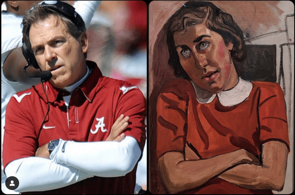 Image described in caption, both are wearing similarly red colored tops