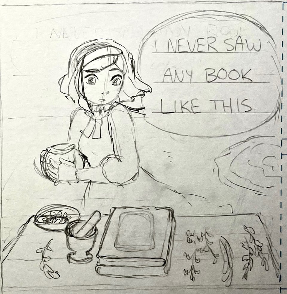 an in-progress panel of the comic Inoscularum, where Ariadne, one of the main characters, is looking down at two books and saying, "I never saw any book like this."