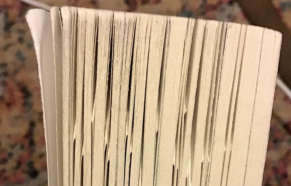 a book in profile, many of its pages dog-eared