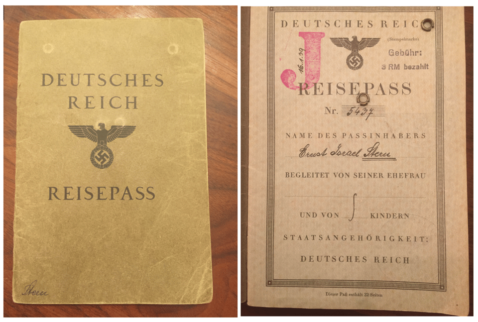 Photograph of an old German passport cover that says Deutsches Reich, with an eagle and swastika emblem and the word Reisepass printed in black. The second photograph is the inside page that shows passport details with a large pink J stamp, official markings, including an eagle and a swastika, and the handwritten name Ernst Israel Stern.