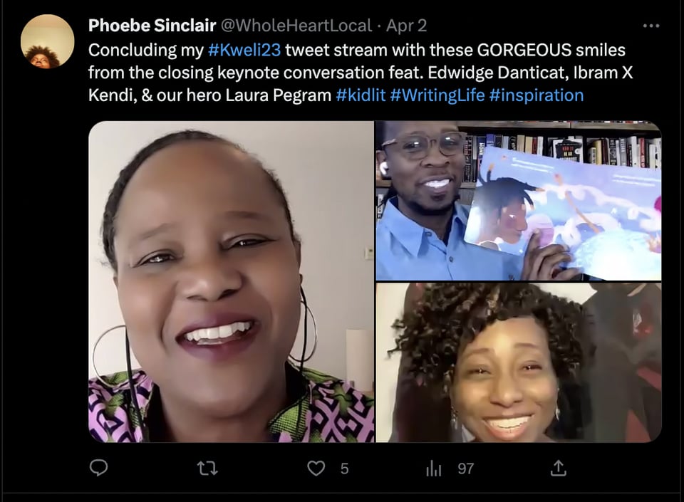 Tweet containing screenshots of Edwidge Danticat, Ibram X Kendi, and Kweli Conference lead organizer Laura Pegram