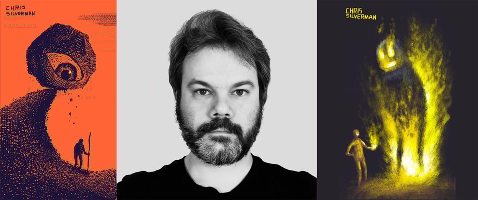 Montage of 3 images: left is a man with a walking stick and on the crest above him is a large eyeball. Center is a photo o a man with a beard. Right is a drawing of a man lighting a wicker figure aflame.