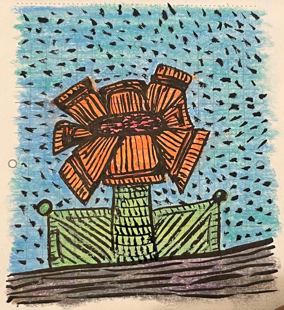 fantastical flower drawn in black ink, with eight odd-shaped, odd-patterned orange petals and two green, square, patterned leaves with balls at their tips. the sky behind is blue, speckled with black spots, and the ground underneath is brown and horizontally striated.