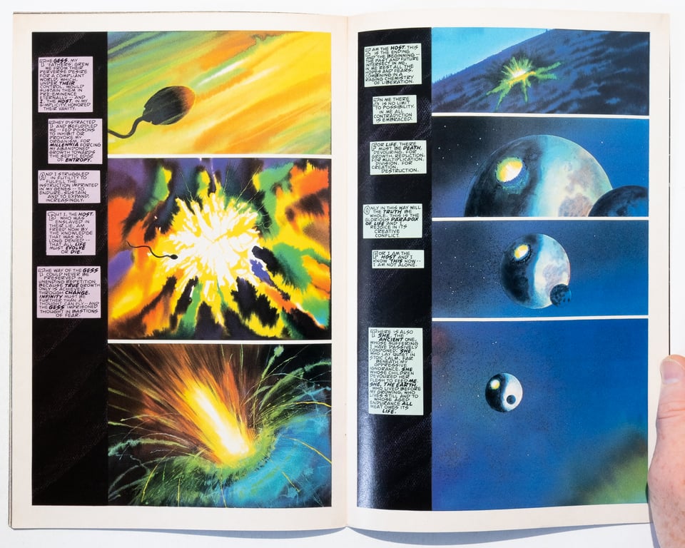 a spread from the last issue of World Without End. The panels conflate Brother Bones inseminating Rumour with the planet removing the Gess and all that fleshy stuff from its face. The camera pulls back further and further until what was Bedlam is a small white dot on a black landmass. Pulling back further the moon becomes a small black dot on a white landmass. Not only a yin-yang, it was earth all along!