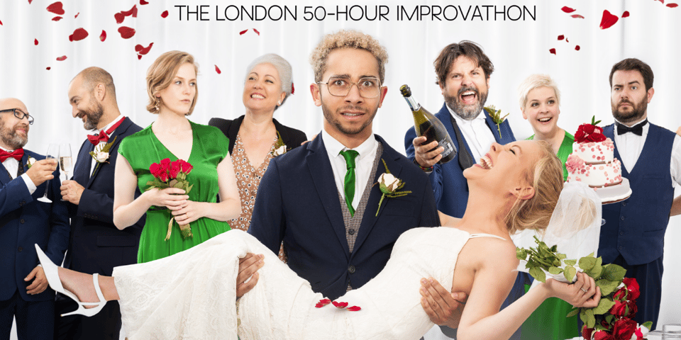 Some of the cast of the Improvathon dressed up in the wedding theme.