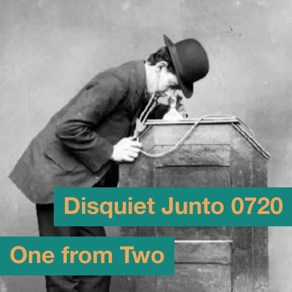 A person in a hat is listening intently with what appears to be an early version of a stethoscope, while possibly looking into a viewing machine of some sort, plus the name and number of the project