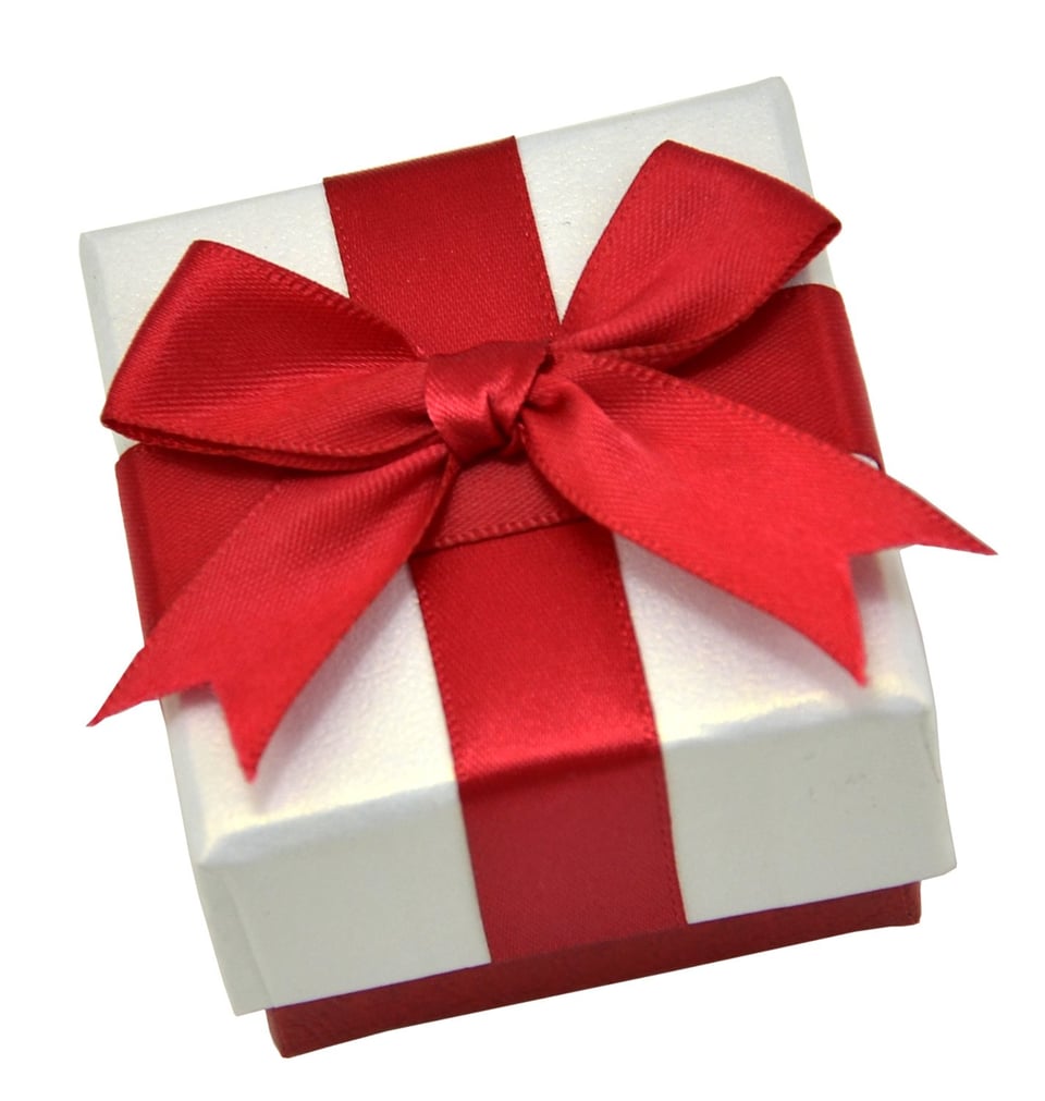 a white present box with a red bow