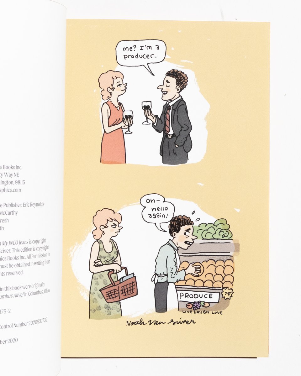 A one page gag strip by Noah Van Sciver. A man in a suit says he is a producer to a woman in the top panel. In the bottom panel the same woman sees him arranging produce at a grocery store.