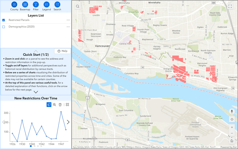 Screenshot of a street-view map of Vancouver, Washington with red sections highlighting properties with racial restrictions on them.