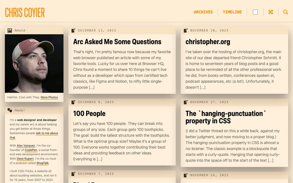 Chris Coyier’s home page with a few blog posts and his portrait photo