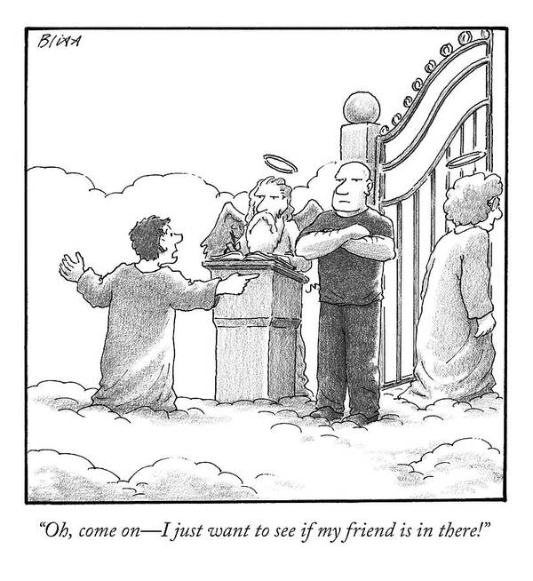 New Yorker cartoon of man talking to Saint Peter at the gates of heaven