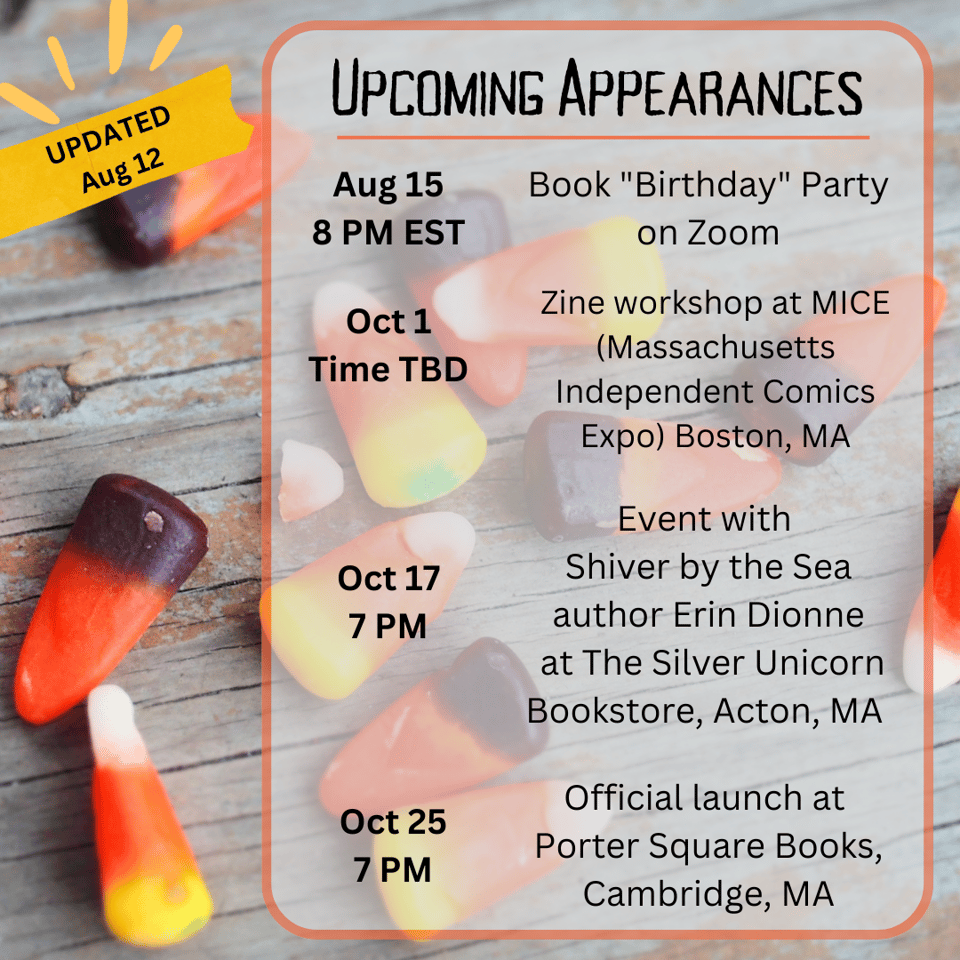 List of upcoming appearances overlayed on top of a photo of candy corn kernels strewn across a wooden surface
