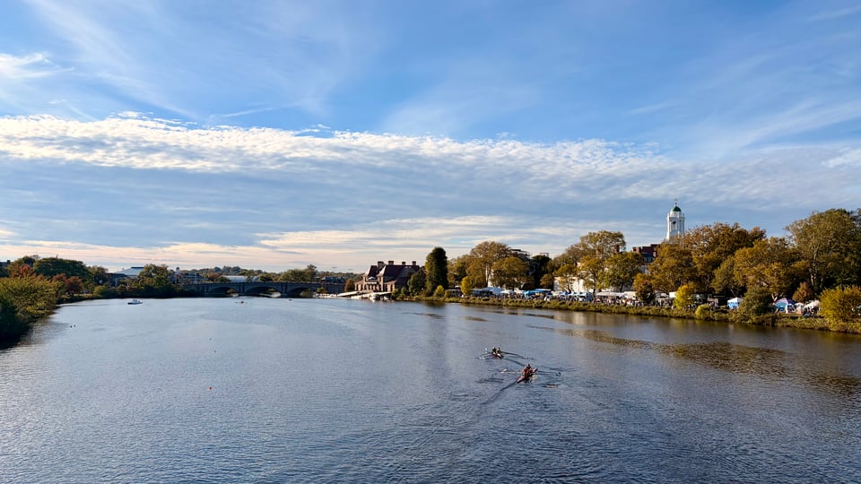Row boats zipping away on the Charles River under a blue sky streaked with friendly clouds. Harvard buildings can be spotted on the right behind rows of yellowing trees