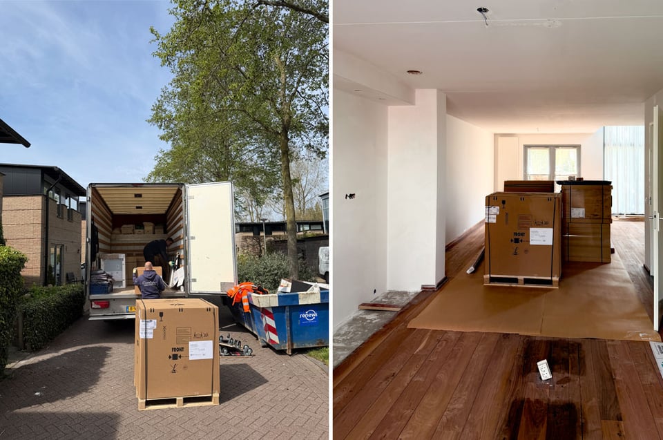 Two photos side by side, the left hand shows a street being blocked by a large delivery truck unloading large boxes for a kitchen delivery. The right hand photo shows all the boxes together on large strips of floor-protective paper in an empty room.