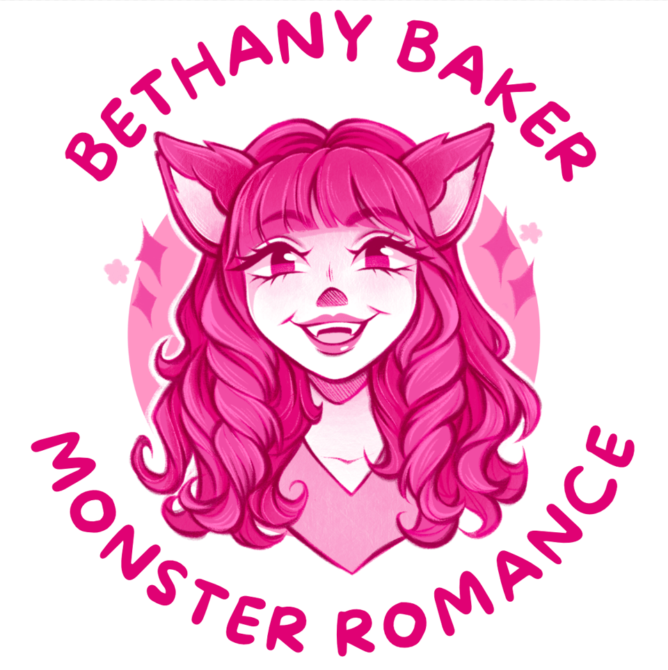 An illustrated bust portrait of a femme (me!) with bangs (aka fringe), long curled hair, a wide fang-toothed smile, and cat ears in monochrome magenta. The text around it reads "Bethany Baker Monster Romance".