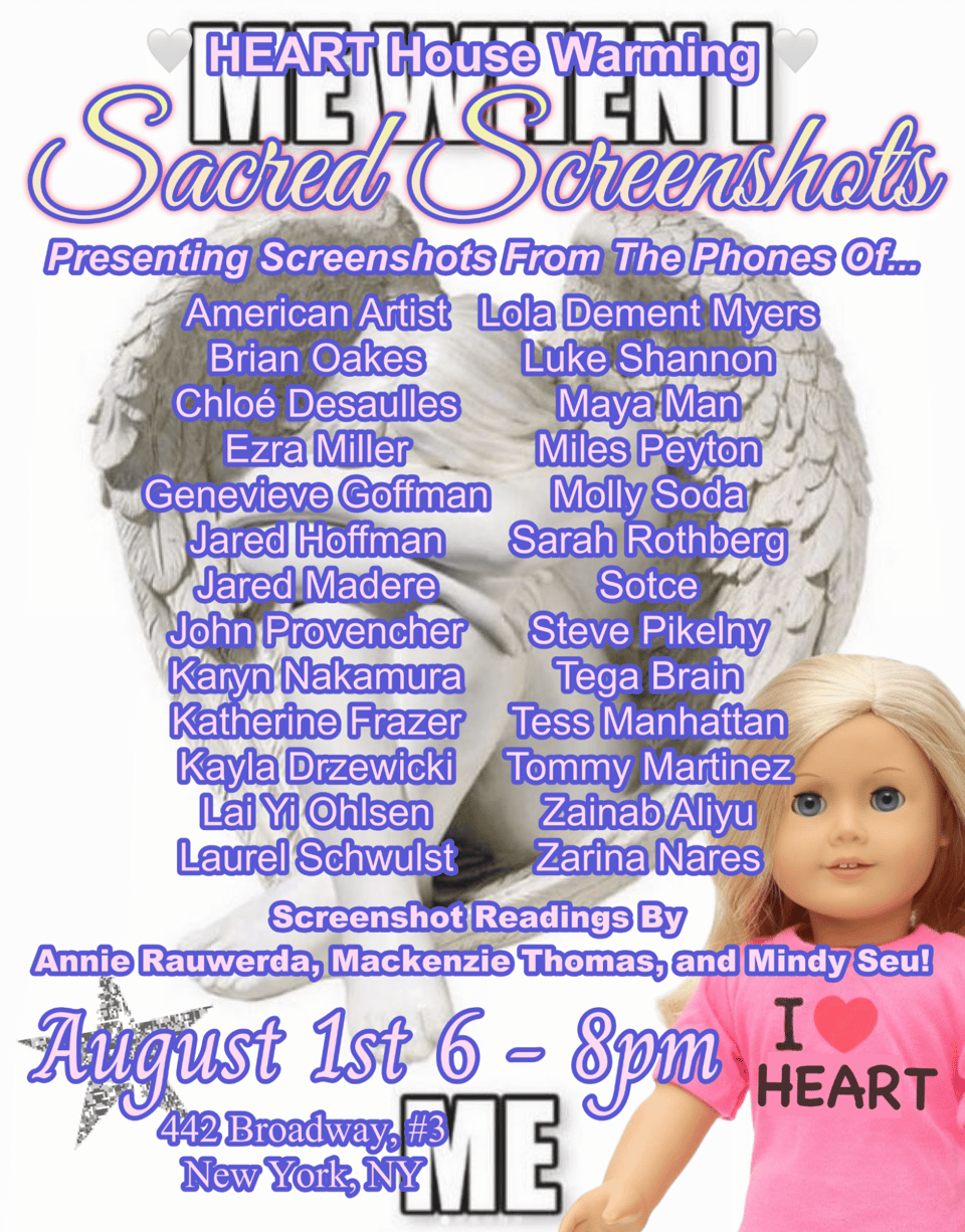 Text announcing the show overlaying a meme involving an American Girl Doll in an I <3 HEART shirt.