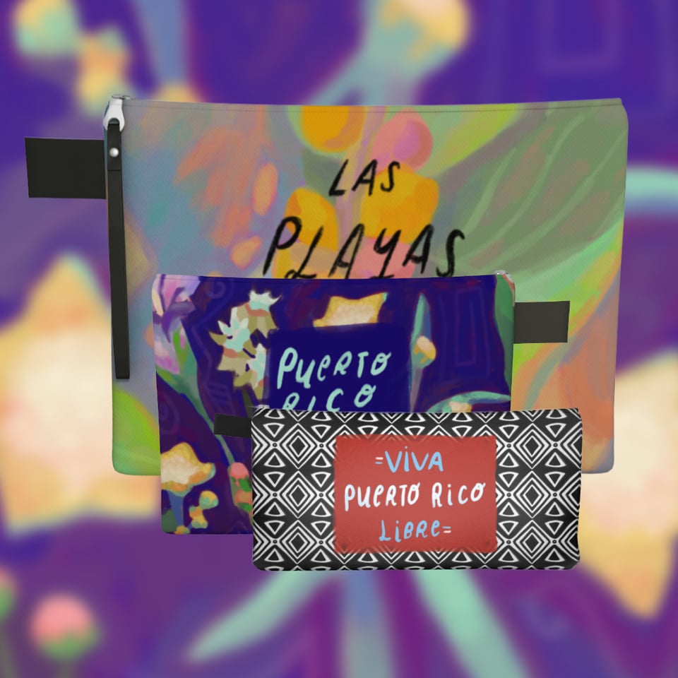 Small, medium, large zipper pouches with various colorful designs showing their size comparison on a colorful blurred background