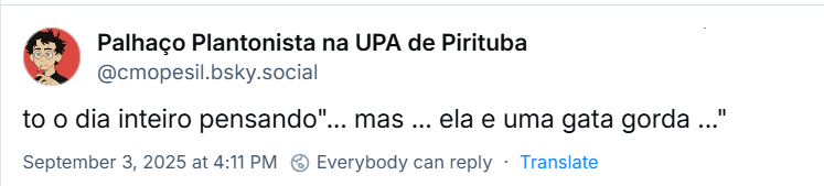 Post de ‪Palhaço Plantonista na UPA de Pirituba‬ (‪@cmopesil.bsky.social‬) com o texto: to o dia inteiro pensando"... mas ... ela e uma gata gorda ..."
