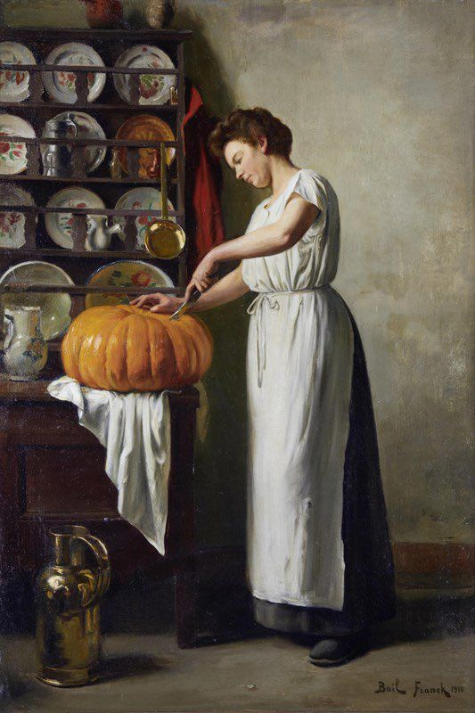 Woman in white apron in kitchen cutting into a pumpkin, painting.