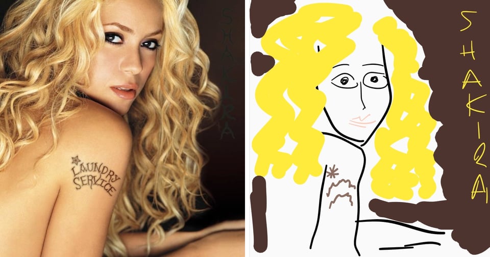 A color photograph of Shakira, a young white woman with curled blonde hair. She appears to be nude, but all we can see are her bare back, the top of her right arm, and her face, which looks at the camera. She has a tatto that reads LAUNDRY SERVICE on her arm.