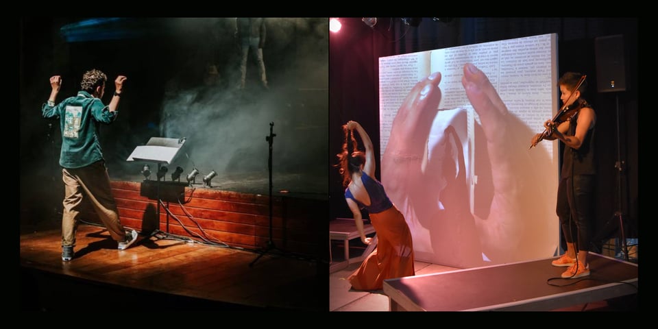 a collage of 2 pics: a conductor with his hands up and a dancer in front of a projection, with a violinist
