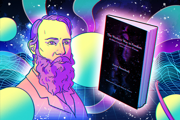 Vaporwave-style image depicts Anton Pannekoek (a bearded man in a suit), and the book The Workers' Way to Freedom and Other Council Communist Writings collecting Pannekoek's writings. In keeping with the vaporwave aesthetic, the image is tinted with bright colours such as purple, yellow and teal with a background of planets and a grid landscape.