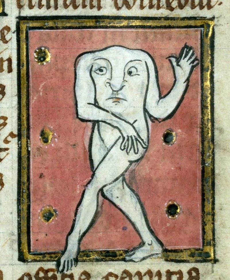 A medieval drawing of, like, a jauntily walking figure but there's no head, also it's naked, also the face is on the chest
