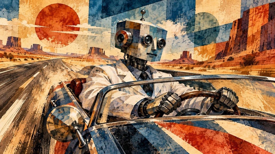 Robot doctor accelerates into the sunset. Made: ChatGPT, Justin Flechsig.