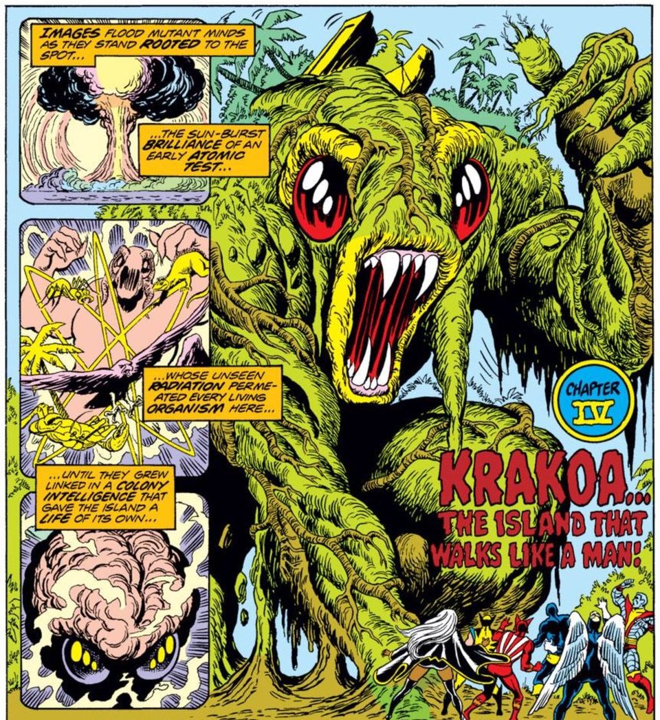 an image from Giant size xmen #1 featuring Krakoa, the island that walks like a man! Art by Dave Cockrum.