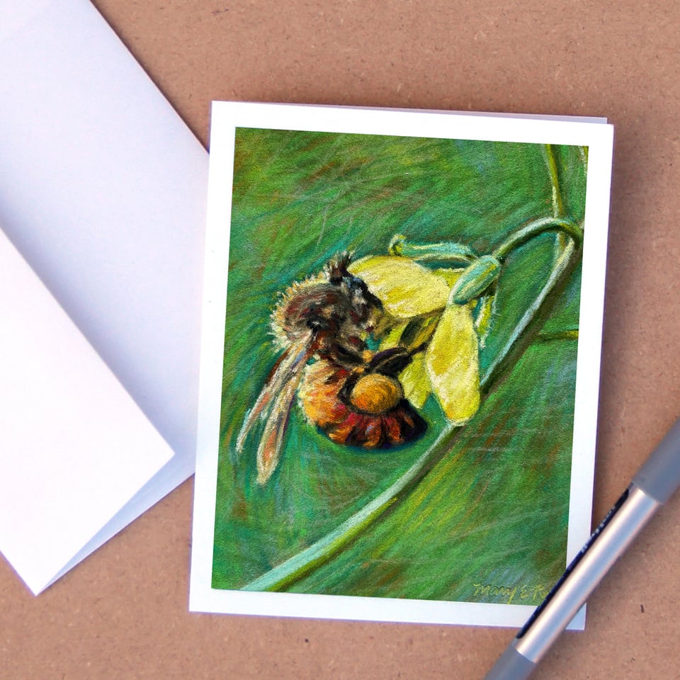 notecard with artwork of a bee on the front