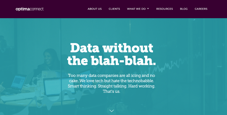 Screenshot of the header panel of the Optima Connect website homepage. The headline in the panel reads,