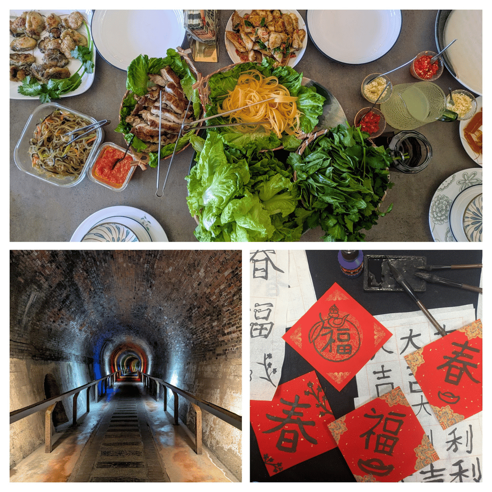 Top = colorful image of a spread of food, including big piles of leafy greens, shredded light orange papaya, strips of grilled chicken, stir-fried noodles, and more. Bottom left = a railway tunnel with tiled ceiling, guard rails, and colorful lights making it a welcoming walking path. Bottom right = four squares with Mandarin characters handwritten (2x 春 2x 福), two poorly and two pretty well, as well as illustrations of a snake, an orange, wallets, and branches.