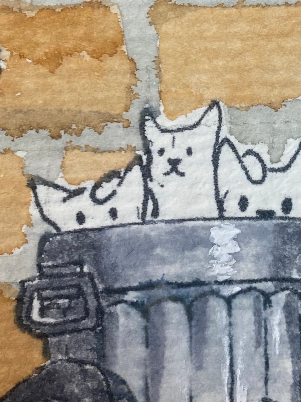 A cartoon-ish drawing of 3 cats looking out of the edge of a metal garbage can. The smallest cat is propping itself up on the two bigger cats.